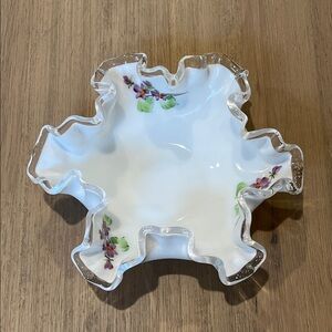 Vintage Fenton Hand Painted Floral Silvercrest Ruffled Glass Bowl Milk Glass